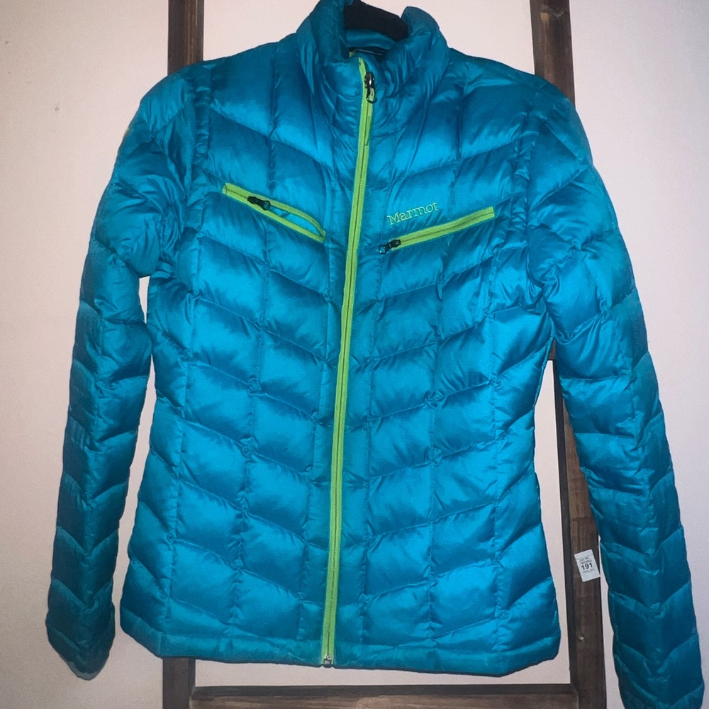 Marmot Teal Puffer Jacket with Lime Zippers